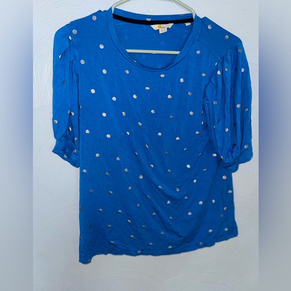 Women’s Size 8 Boden Blue w/Silver Polka Dots Short Sleeve Top